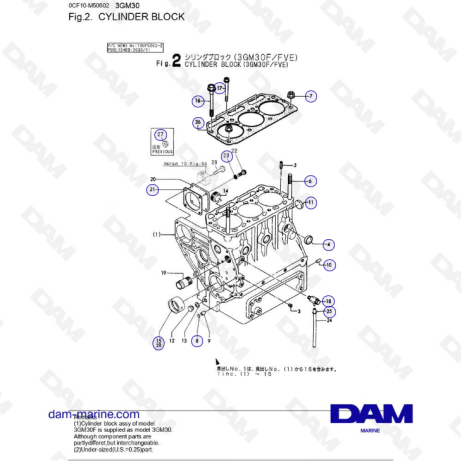 Yanmar 3GM30F - Bloque de cilindros