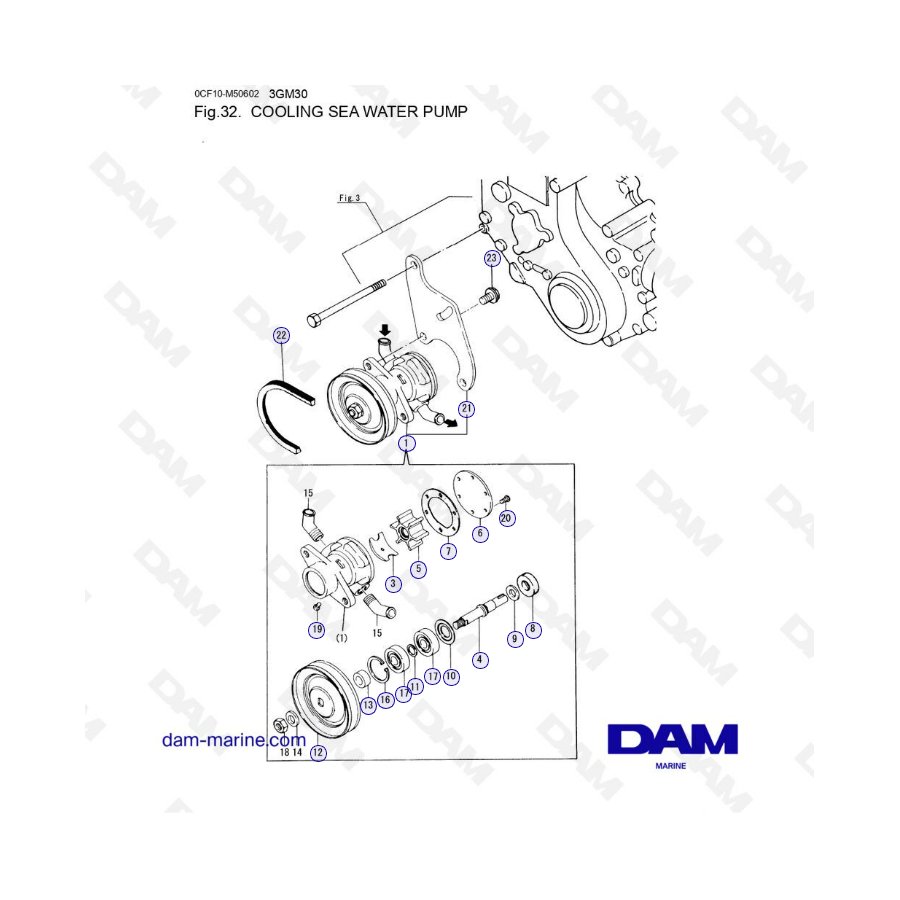 Yanmar 3GM30 - Bomba de refrigeración de agua de mar