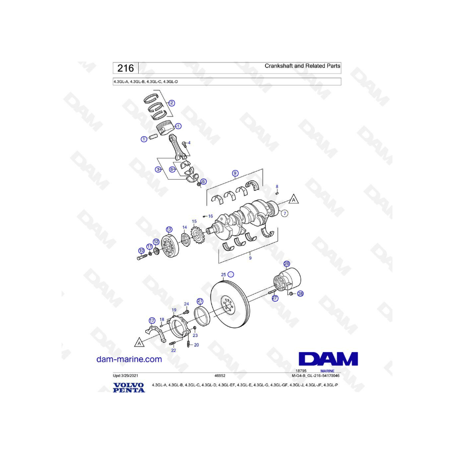 Volvo Penta 4.3L GL - Cigüeñal y partes relacionadas