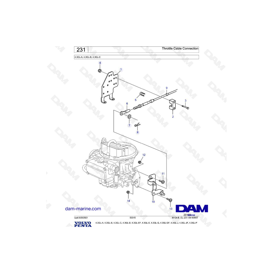 Volvo Penta 4.3L GL - Conexión del cable del acelerador