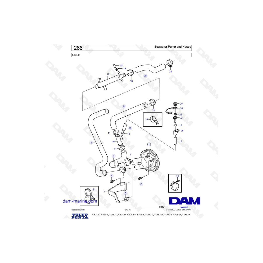 Volvo Penta 4.3L GL - Bomba de agua de mar y mangueras