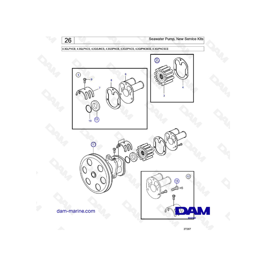 Volvo Penta 4.3L GS - Bomba de agua de mar, nuevos kits de servicio