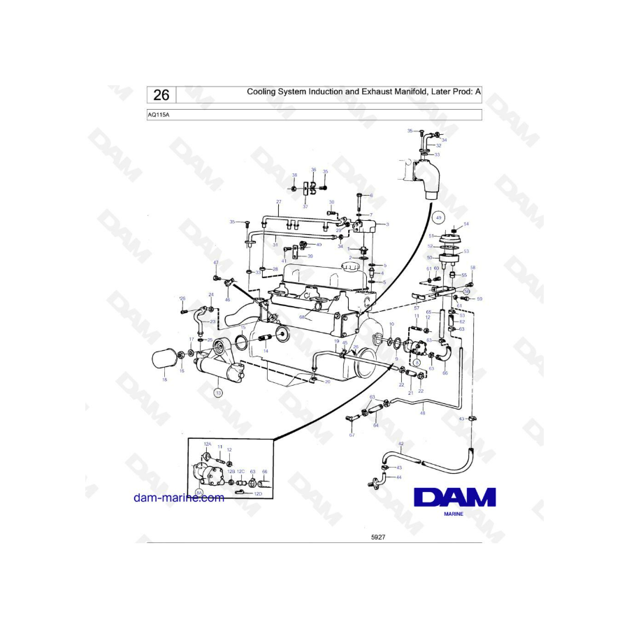 Volvo Penta AQ115 - Colector de inducción y escape del sistema de refrigeración, producto posterior: A