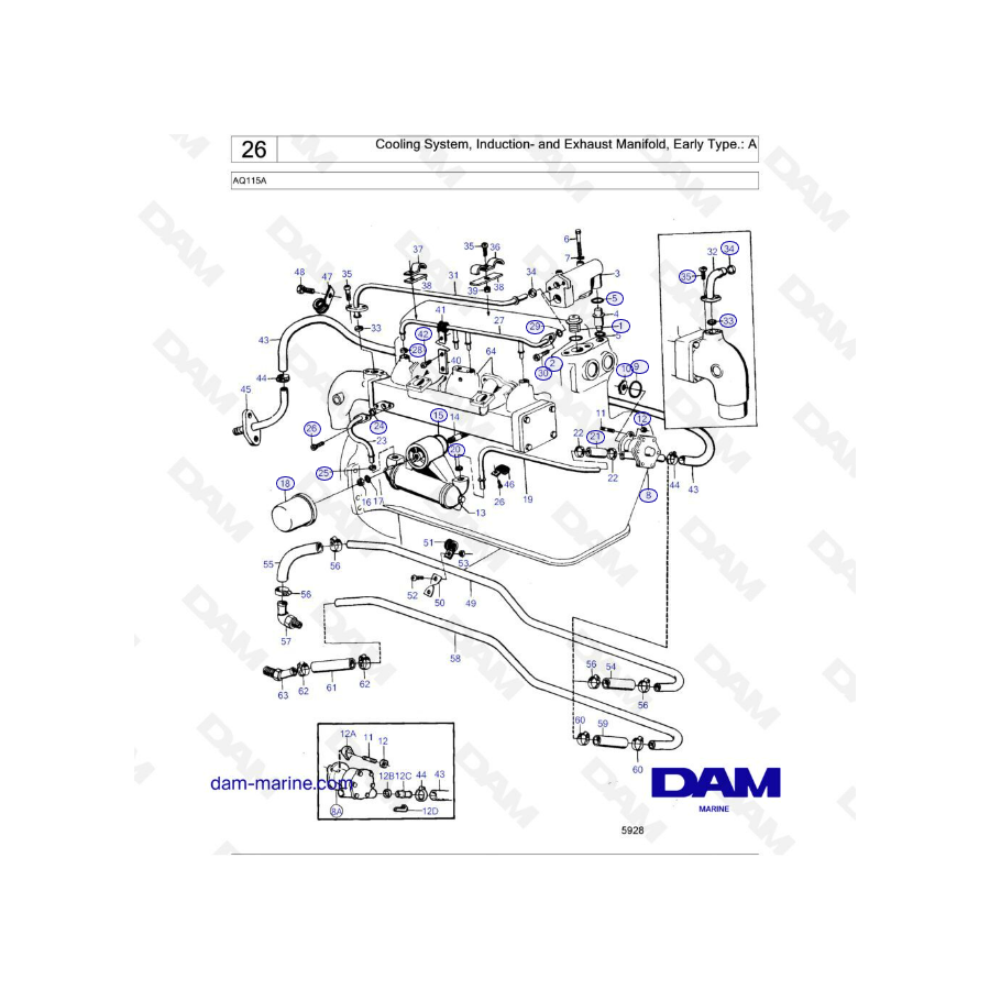 Volvo Penta AQ115 - Cooling System, Induction- and Exhaust Manifold, Early Type.: A