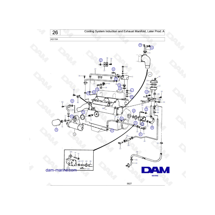 Volvo Penta AQ115 - Colector de admisión y escape del sistema de enfriamiento, Prod posterior: A