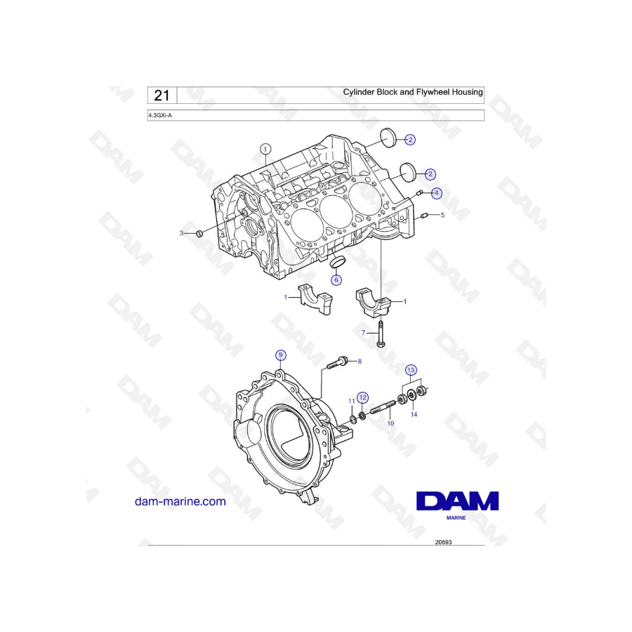 Volvo Penta 4.3L GXI - Bloque de cilindros y carcasa del volante