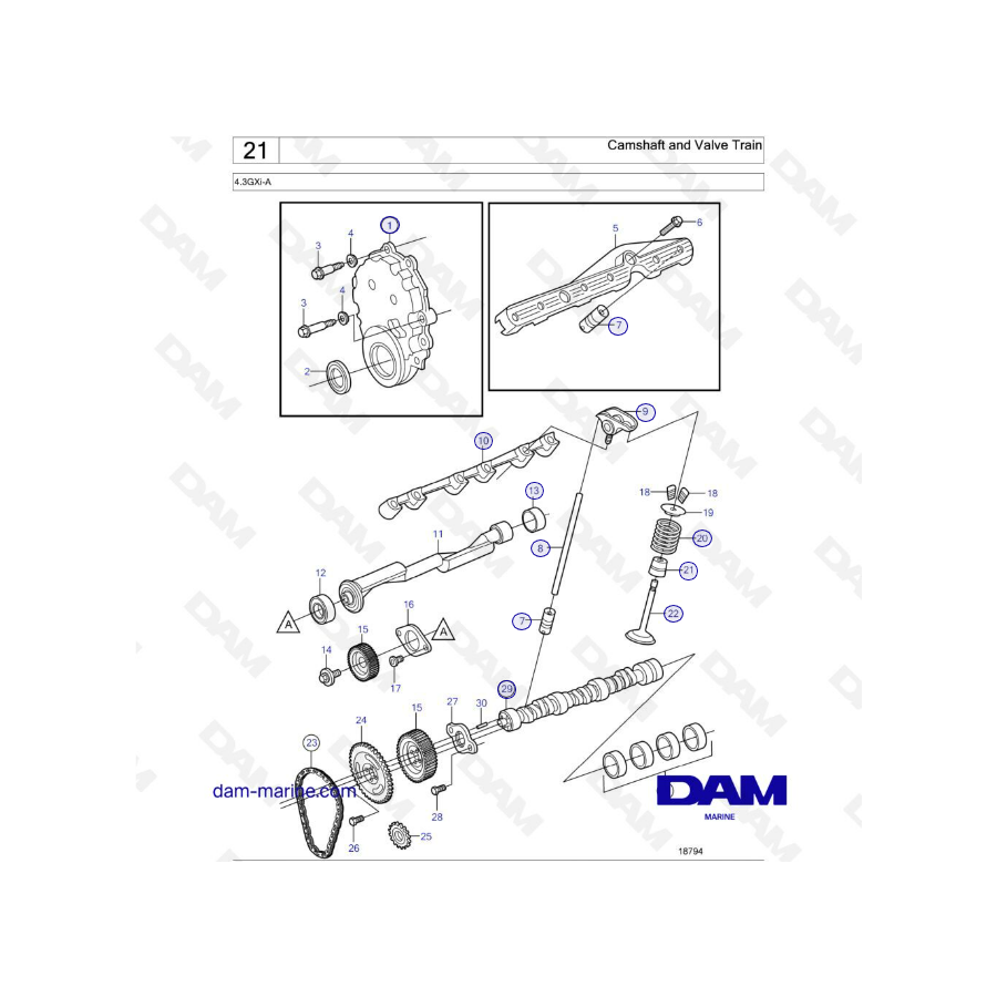 Volvo Penta 4.3L GXI - Árbol de levas y tren de válvulas