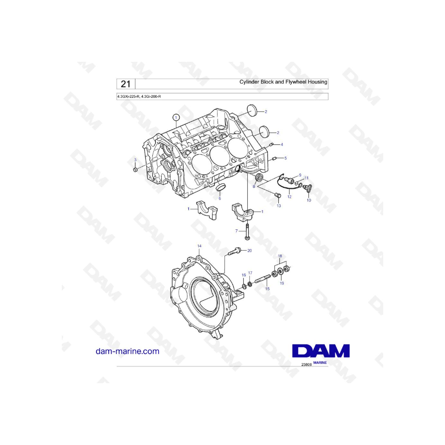 Volvo Penta 4.3L GI - Bloque de cilindros y carcasa del volante