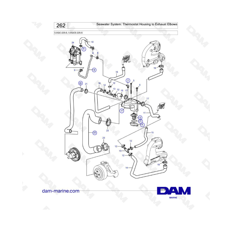 Volvo Penta 5.0L GI - Seawater System: Thermostat Housing to Exhaust Elbows