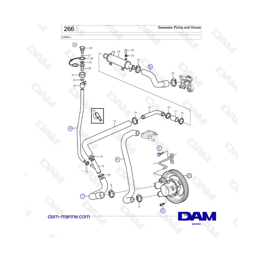 Volvo Penta 5.0L GI - Bomba de agua de mar y mangueras