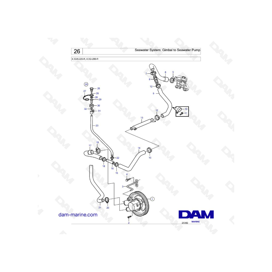 Volvo Penta 4.3L GI - Seawater System: Gimbal to Seawater Pump