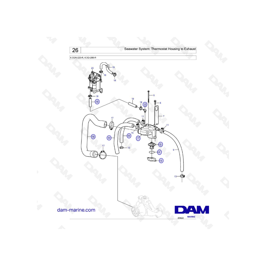 Volvo Penta 4.3L GI - Seawater System: Thermostat Housing to Exhaust