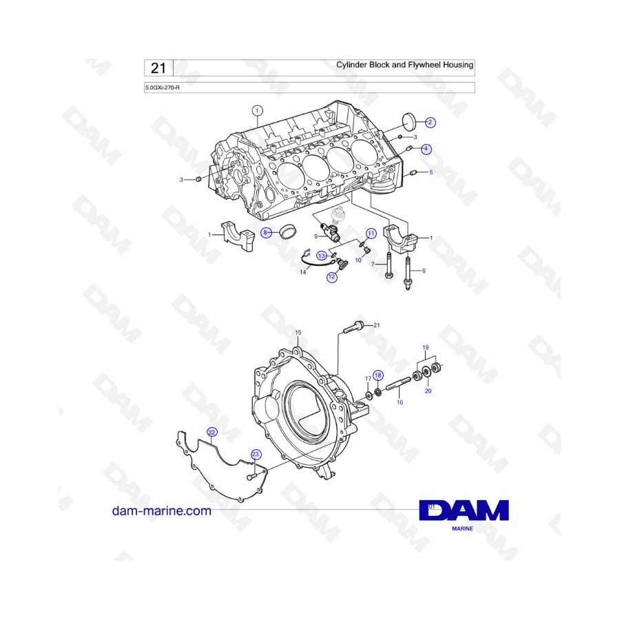 Volvo Penta 5.0L GXI - Bloque de cilindros y carcasa del volante