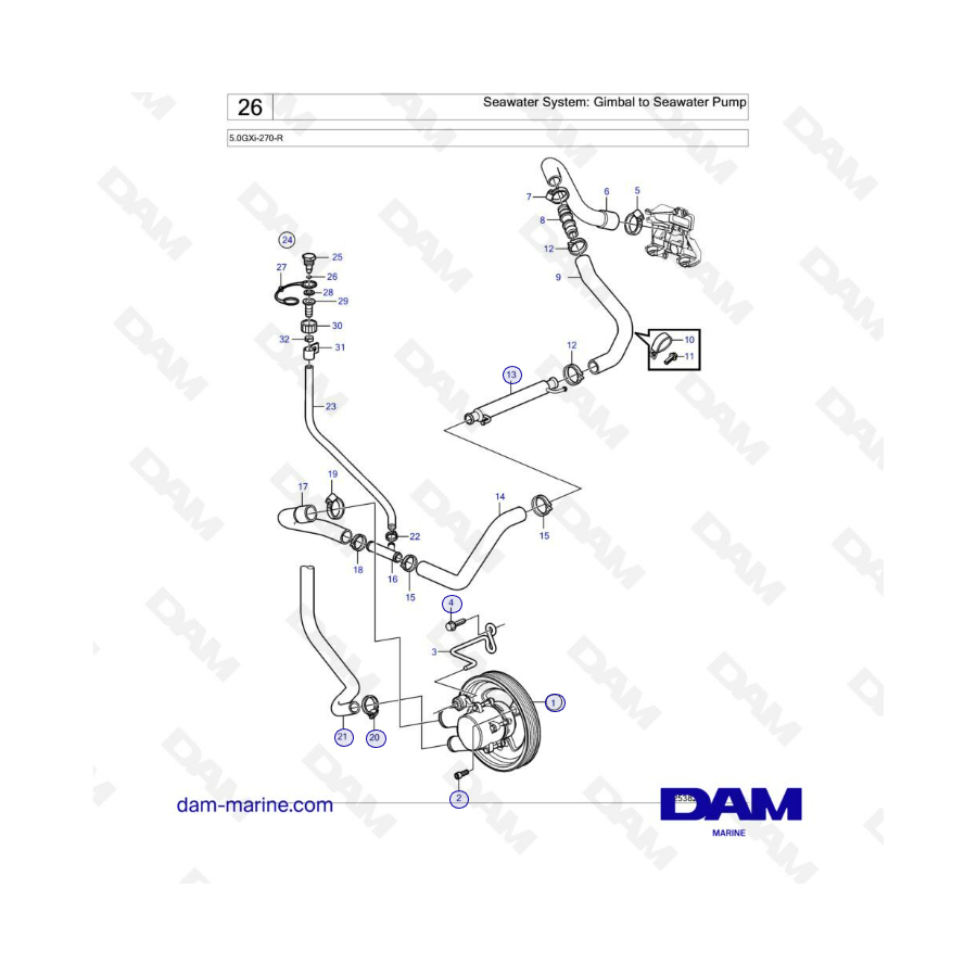 Volvo Penta 5.0L GXI - Seawater System: Gimbal to Seawater Pump