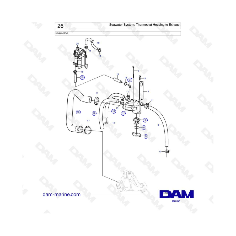 Volvo Penta 5.0L GXI - Seawater System: Thermostat Housing to Exhaust