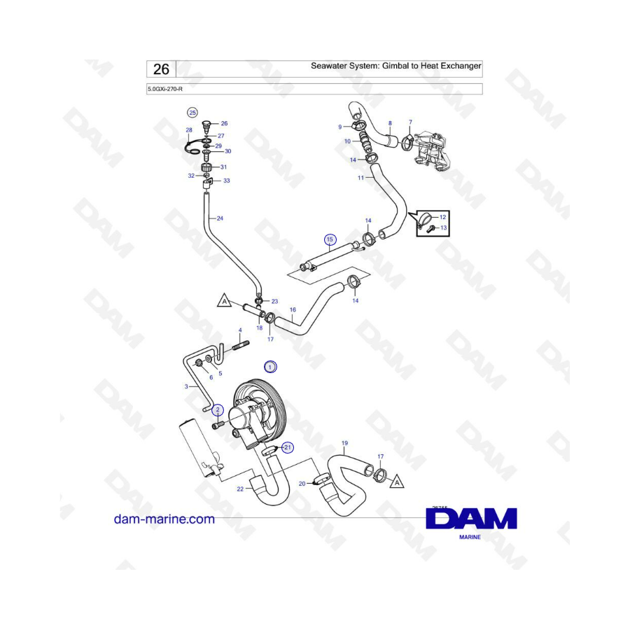 Volvo Penta 5.0L GXI - Seawater System: Gimbal to Heat Exchanger