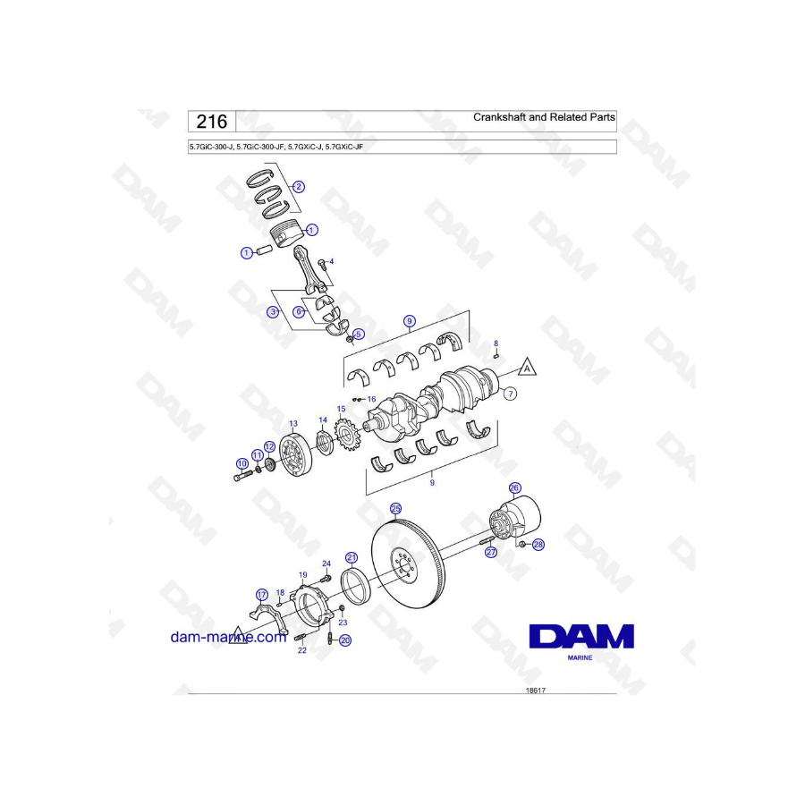 Volvo Penta 5.7L GXI - Cigüeñal y partes relacionadas