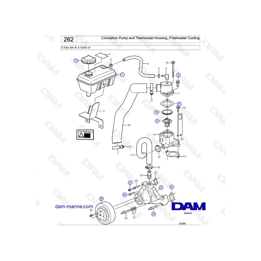 Volvo Penta 5.7L GXI - Circulation pump & thermostat housing, freshwater cooling