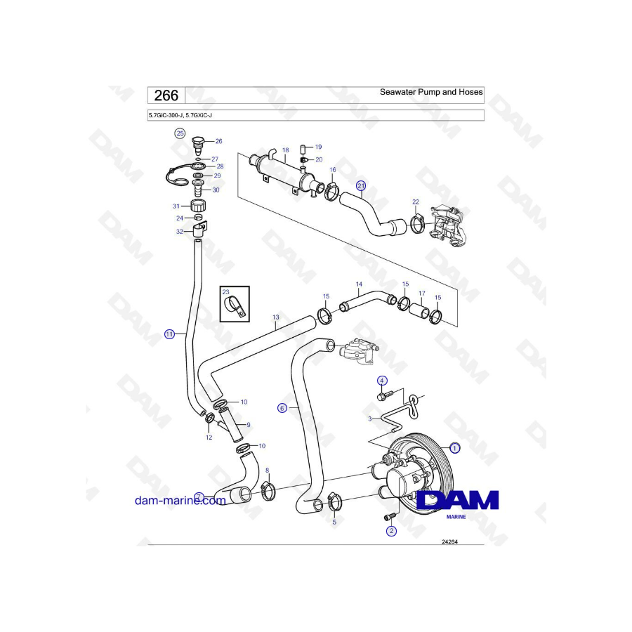 Volvo Penta 5.7L GXI - Bomba de agua de mar y mangueras