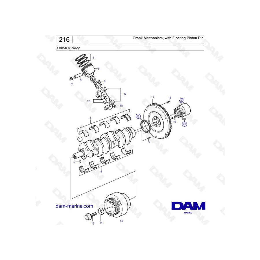 Volvo Penta 8.1L GXI - Crank mechanism with floating piston pin