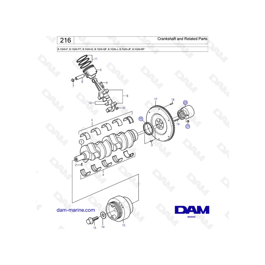 Volvo Penta 8.1L GXI - Cigüeñal y partes relacionadas