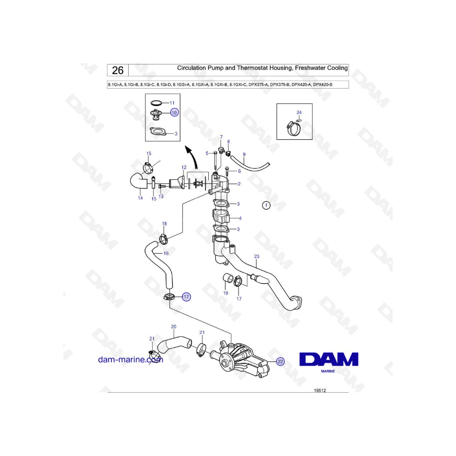 Volvo Penta 8.1L GI - Circulation Pump and Thermostat Housing, Freshwater Cooling