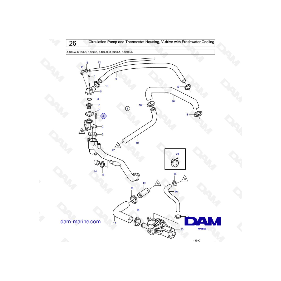 Volvo Penta 8.1L GI - Circulation Pump and Thermostat Housing, V-drive with Freswater Cooling