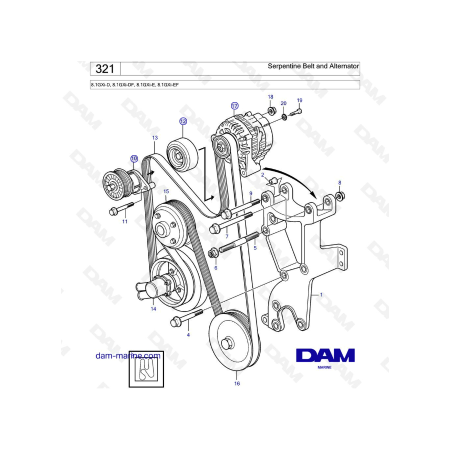 Volvo Penta 8.1L GXI - Correa serpentina y alternador