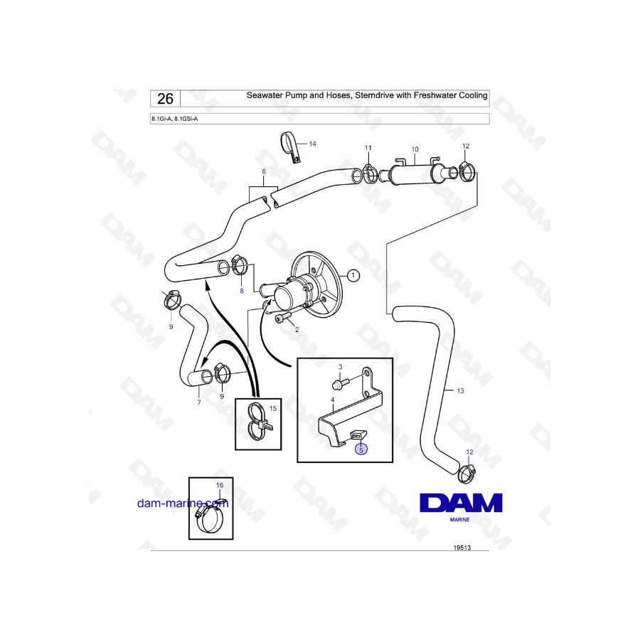 Volvo Penta 8.1L GI - Seawater Pump and Hoses, Sterndrive with Freshwater Cooling