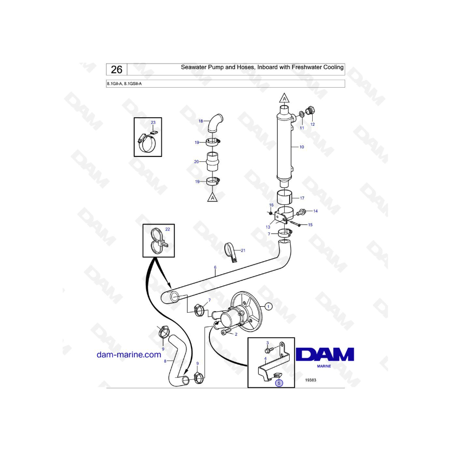 Volvo Penta 8.1L GI - Seawater Pump and Hoses, Inboard with Freshwater Cooling