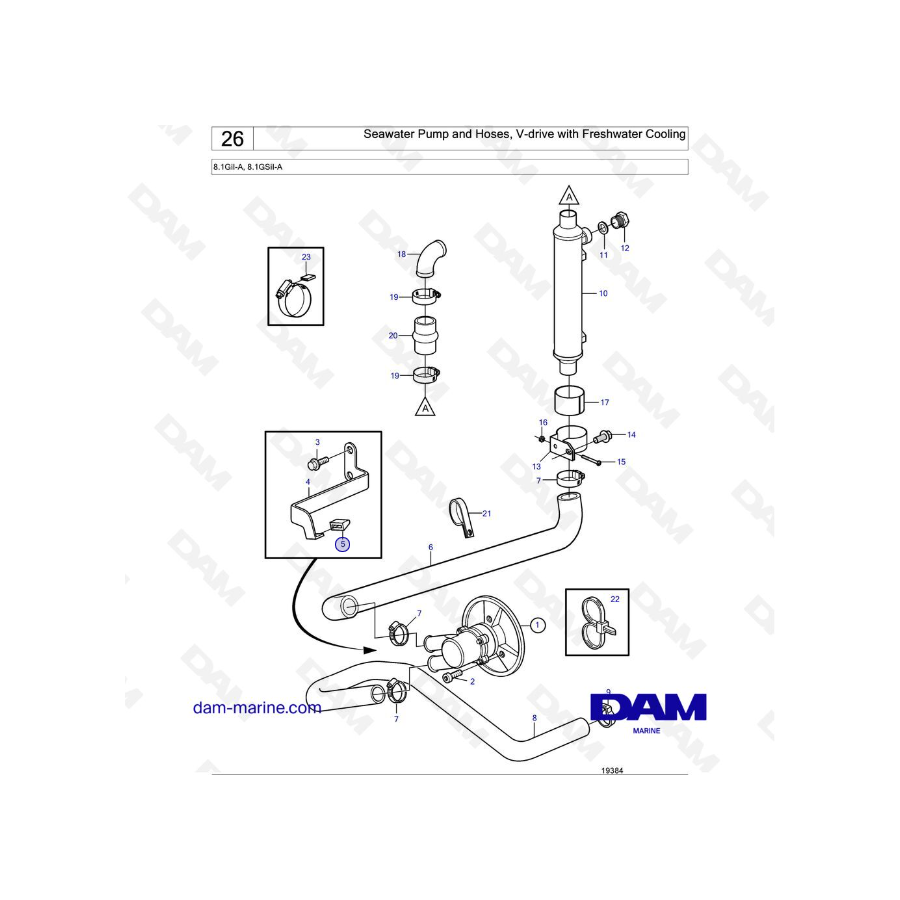 Volvo Penta 8.1L GI - Seawater Pump and Hoses, V-drive with Freshwater Cooling