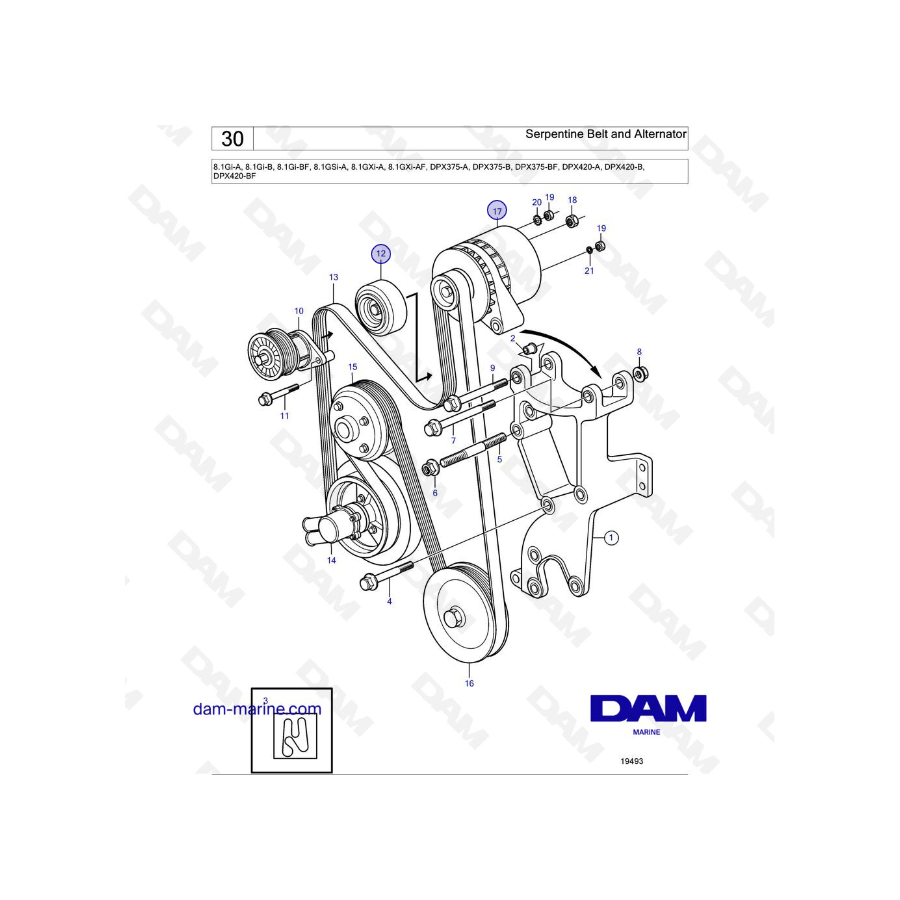 Volvo Penta 8.1L GI - Correa serpentina y alternador