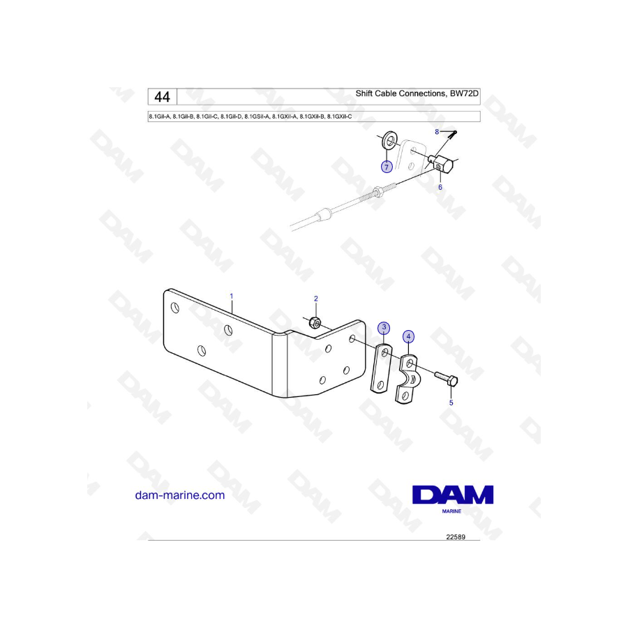 Volvo Penta 8.1L GI - Conexiones de cable de cambio, BW72D