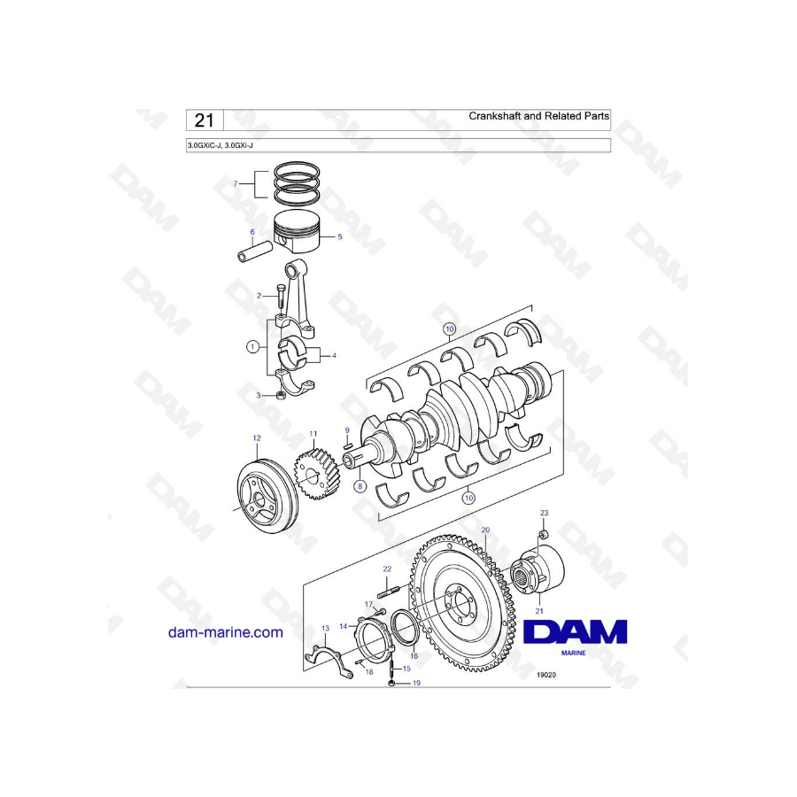 Volvo Penta 3.0L GXI - Cigüeñal y partes relacionadas