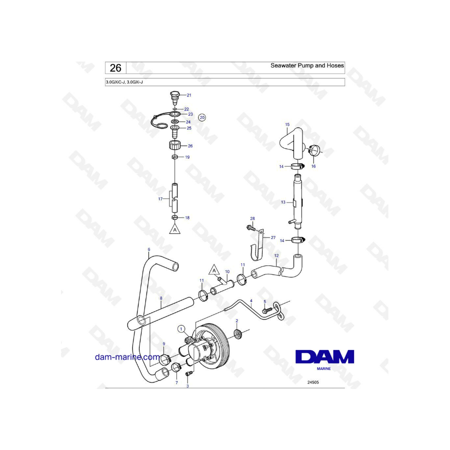 Volvo Penta 3.0L GXI - Bomba de agua de mar y mangueras