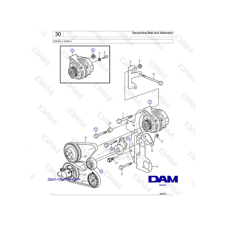 Volvo Penta 3.0L GXI - Correa serpentina y alternador