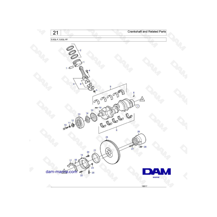 Volvo Penta 5.0L GL - Cigüeñal y partes relacionadas