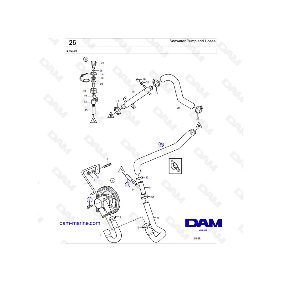 Volvo Penta 5.0L GL - Bomba de agua de mar y mangueras