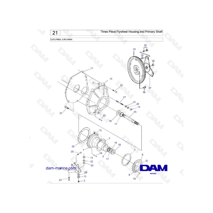 Volvo Penta 5.8L FL - 5.0 FL - Carcasa del volante de tres piezas y eje primario