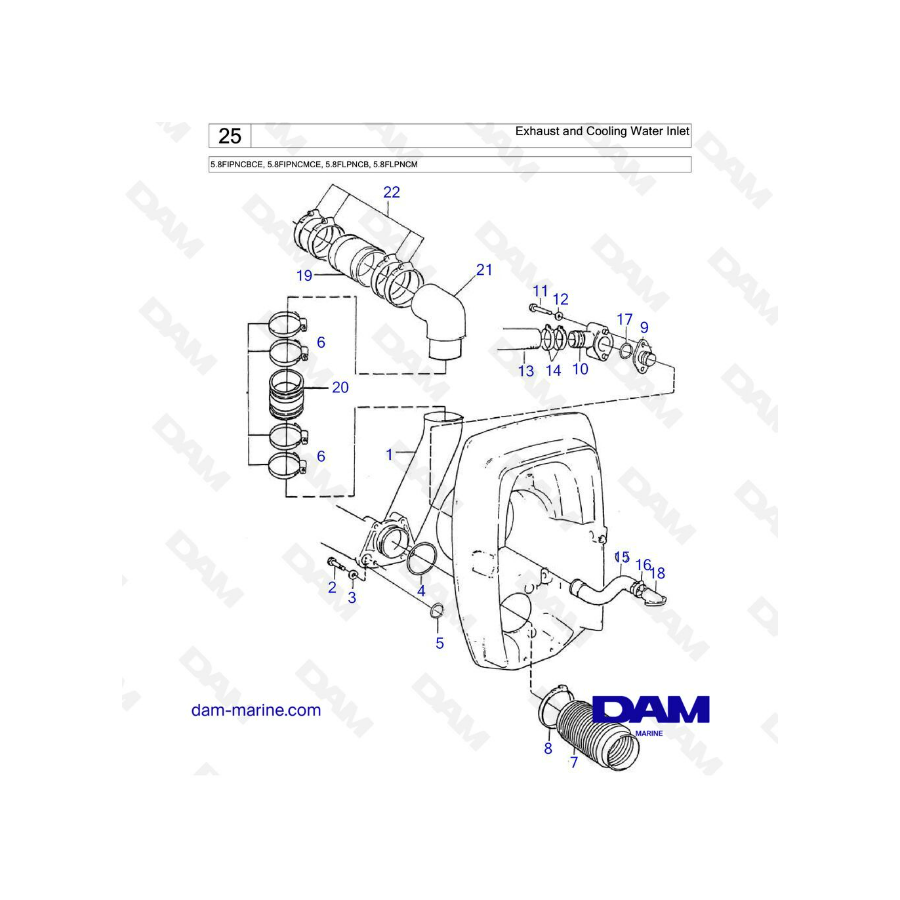  Volvo Penta 5.8L FI - Escape y entrada de agua de refrigeración