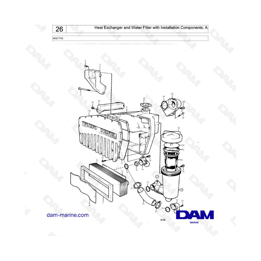 Volvo Penta AQ171 - Heat exchanger, water filter with installation components