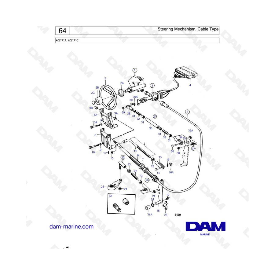 Volvo Penta AQ171 - Mecanismo de dirección, tipo cable