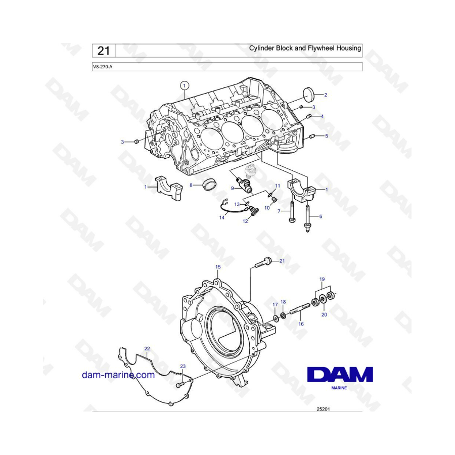 Volvo Penta V8-270 - Bloque de cilindros y carcasa del volante