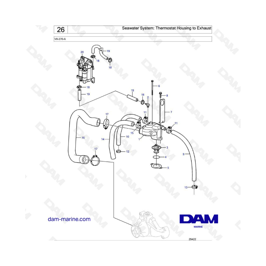 Volvo Penta V8-270 - Seawater system : thermostat housing to exhaust