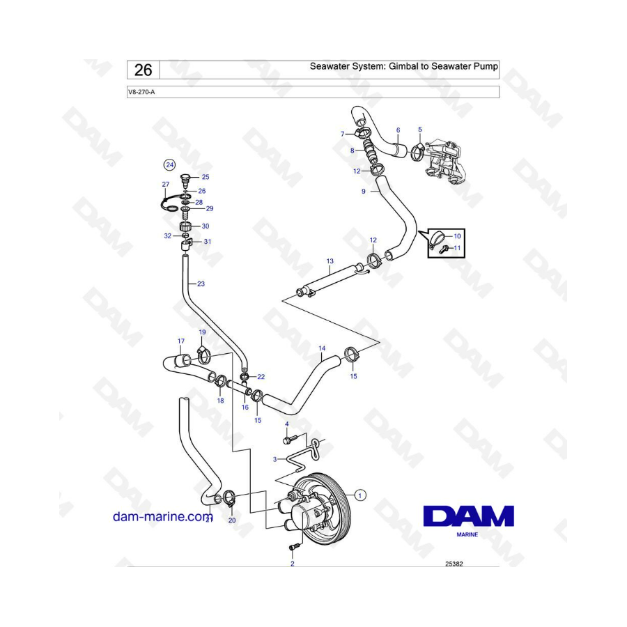 Volvo Penta V8-270 - Seawater system : gimbal to seawater pump