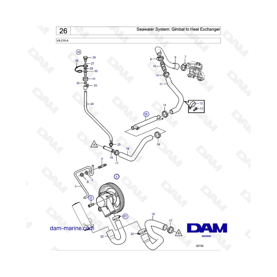 Volvo Penta V8-270 - Seawater system: gombal to heat exchanger