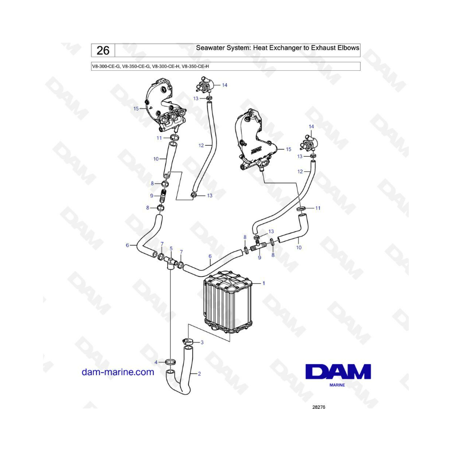 Volvo Penta V8-300 - Sistema de agua de mar: intercambiador de calor a codos de escape