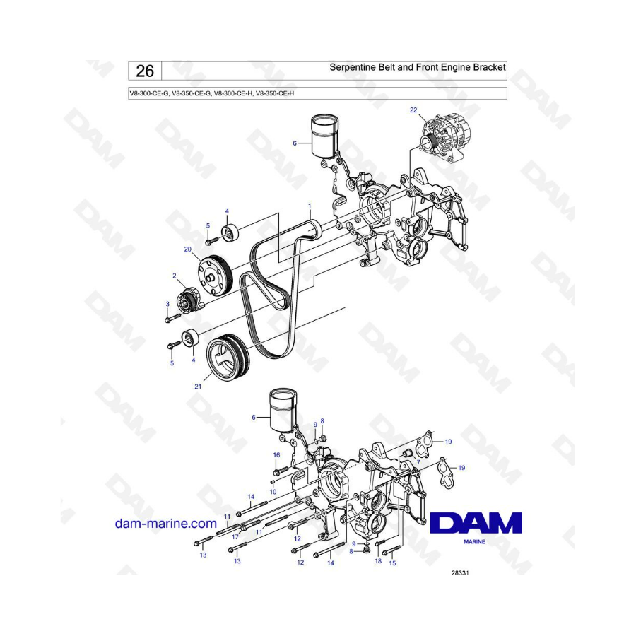 Volvo Penta V8-300 - Correa serpentina y soporte delantero del motor