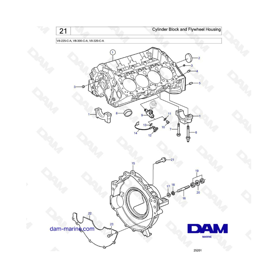 Volvo Penta V8-225 - Bloque de cilindros y carcasa del volante