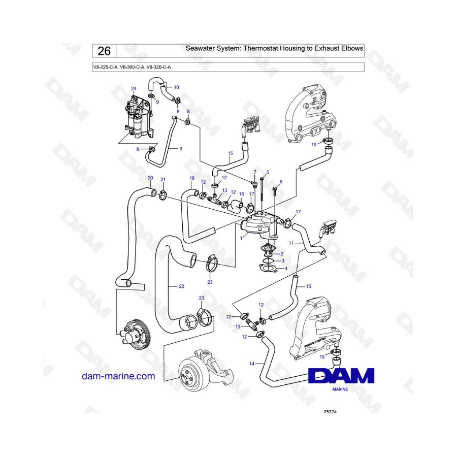 Volvo Penta V8-225 - Sistema de agua de mar: caja del termostato a codos de escape